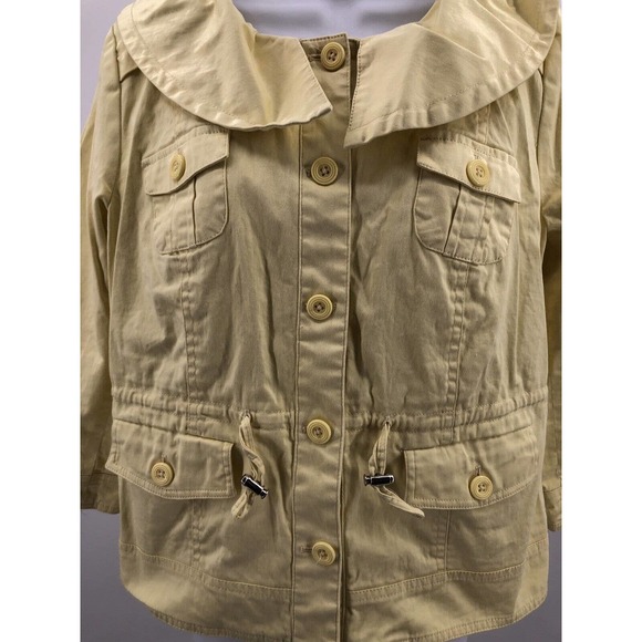 Cropped Yellow Jacket Sandro Sz M Button Front Coat 3/4 Sleeve Ruffle Neckline - Picture 4 of 9